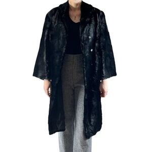VTG Lapin Fur Coat‎ Womens (L) Black Bell Sleeve Hidden Button Pockets Classic